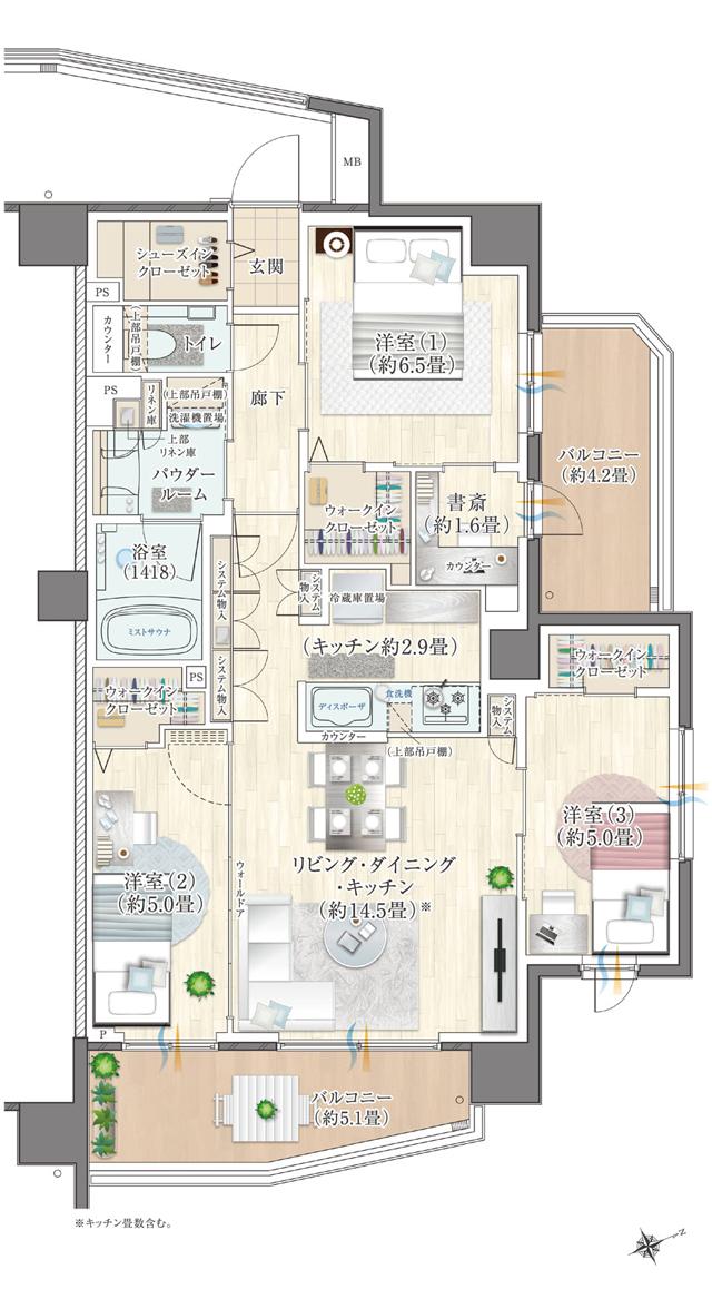 エクセレントシティ多摩永山の間取り図　E80-N：3LDK+DEN(書斎)+3WIC+SIC