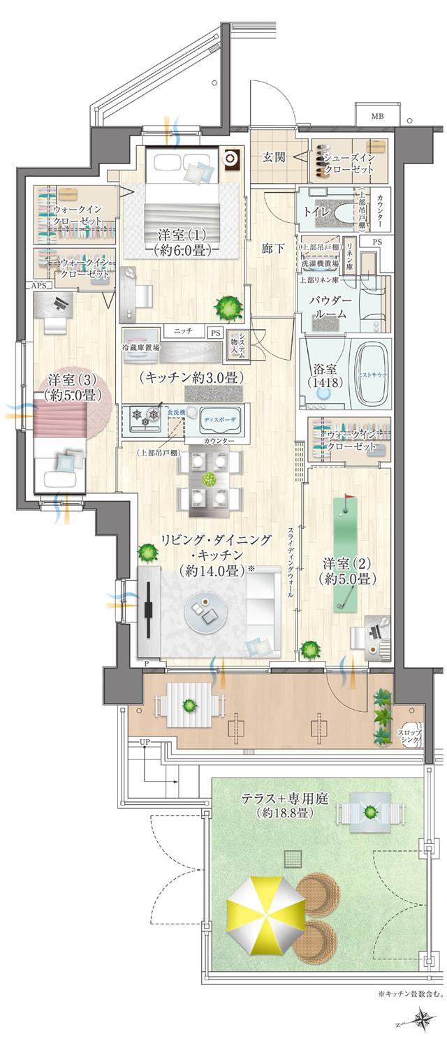 エクセレントシティ多摩永山の間取り図　W70-Ag：3LDK＋3WIC＋SIC