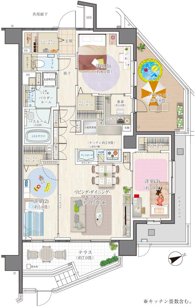 エクセレントシティ多摩永山の間取り図　E80-Ng：3LDK+3WIC+DEN(書斎)+SIC