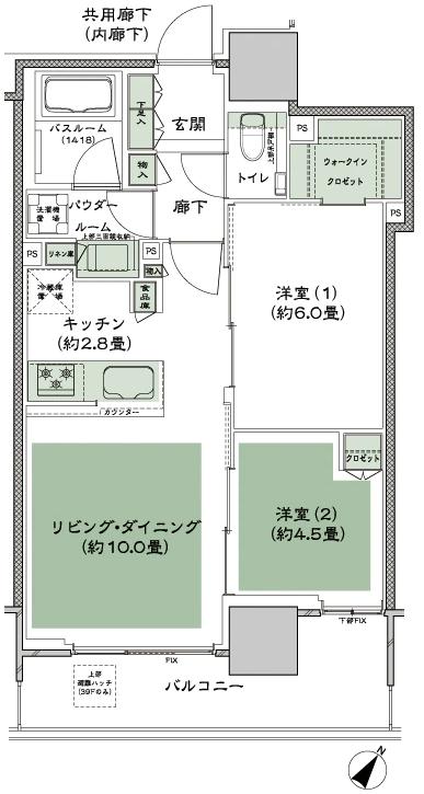 シティタワー千住大橋の間取り図　G：2LDK+WIC(ウォークインクロゼット)