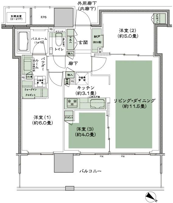 シティタワー千住大橋の間取り図　I：3LDK+N(納戸)+WIC(ウォークインクロゼット)