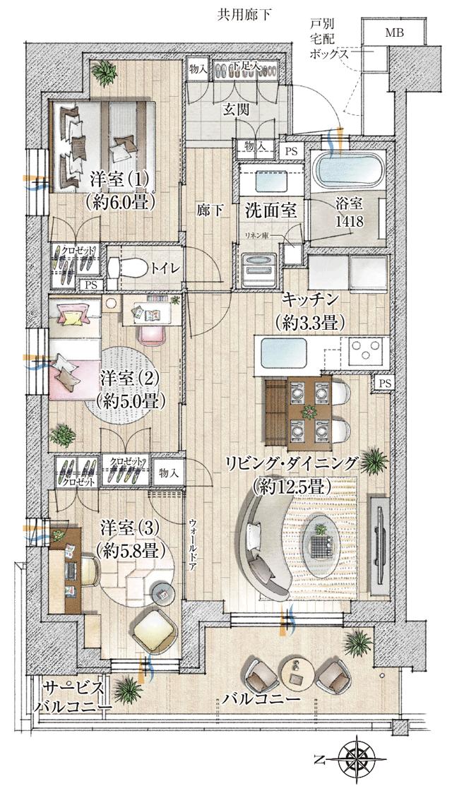 ブランシエラ横浜瀬谷の間取り図　A：3LDK