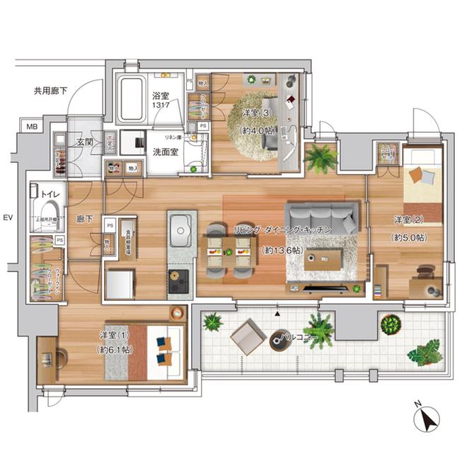 プレシス浦和元町の間取り図　D：3LDK+WIC