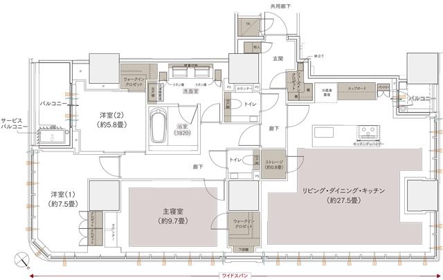 Brillia(ブリリア) Tower 乃木坂の間取り図　F-124N：3LDK+2WIC+SIC+St+TR