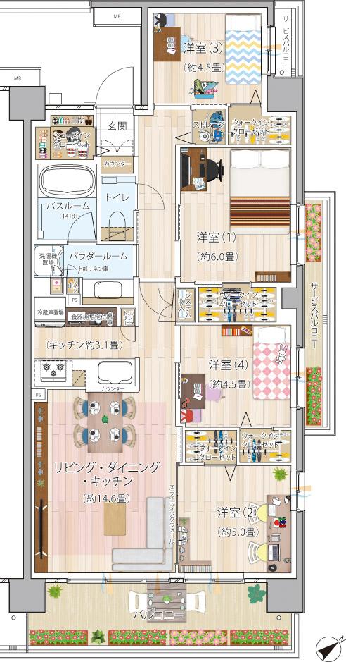 エクセレントシティ幕張 THE GRANの間取り図　Q：4LDK+4WIC+ST+SIC