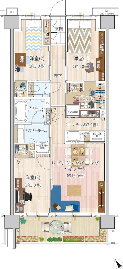 エクセレントシティ幕張 THE GRANの間取り図　J1：3LDK+2WIC+FC