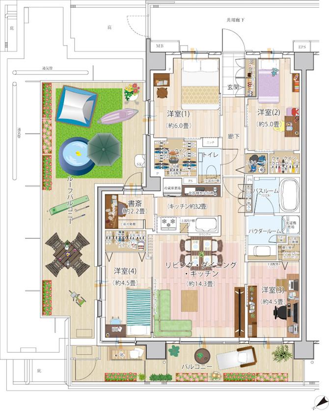 エクセレントシティ幕張 THE GRANの間取り図　T1r：4LDK+4WIC+書斎+ST