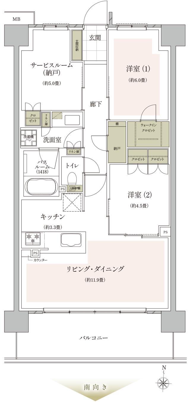 ザ・ライオンズ武蔵小杉の間取り図　O4：2LDK+S+WIC+N