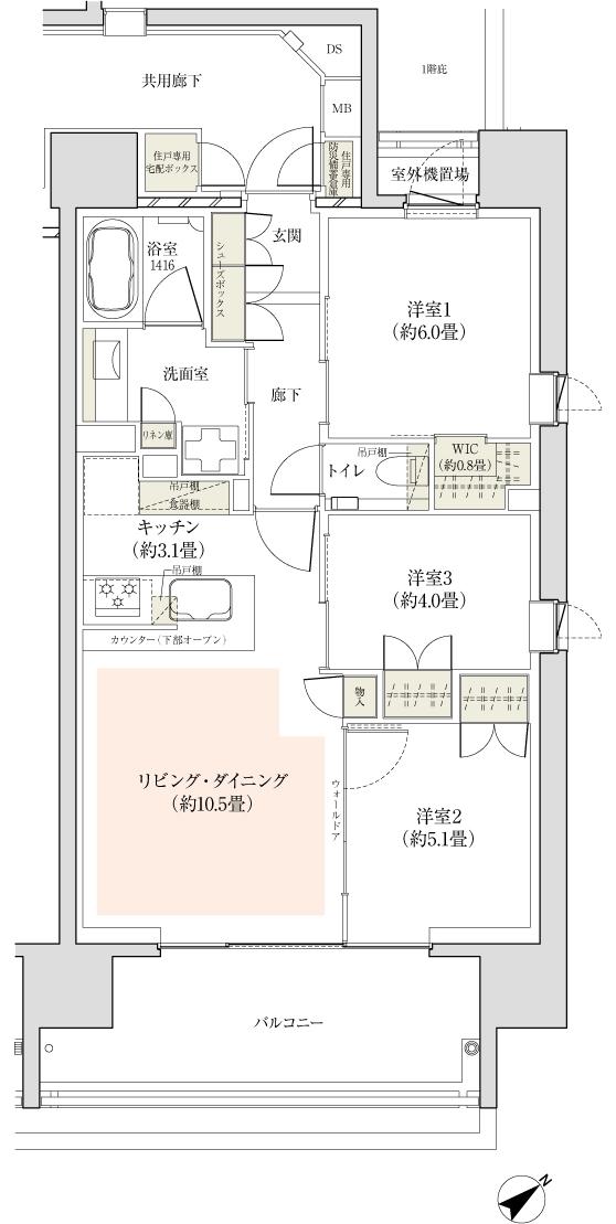 ザ・パークハウス 東中野プレイスの間取り図　C1：3LDK+WIC
