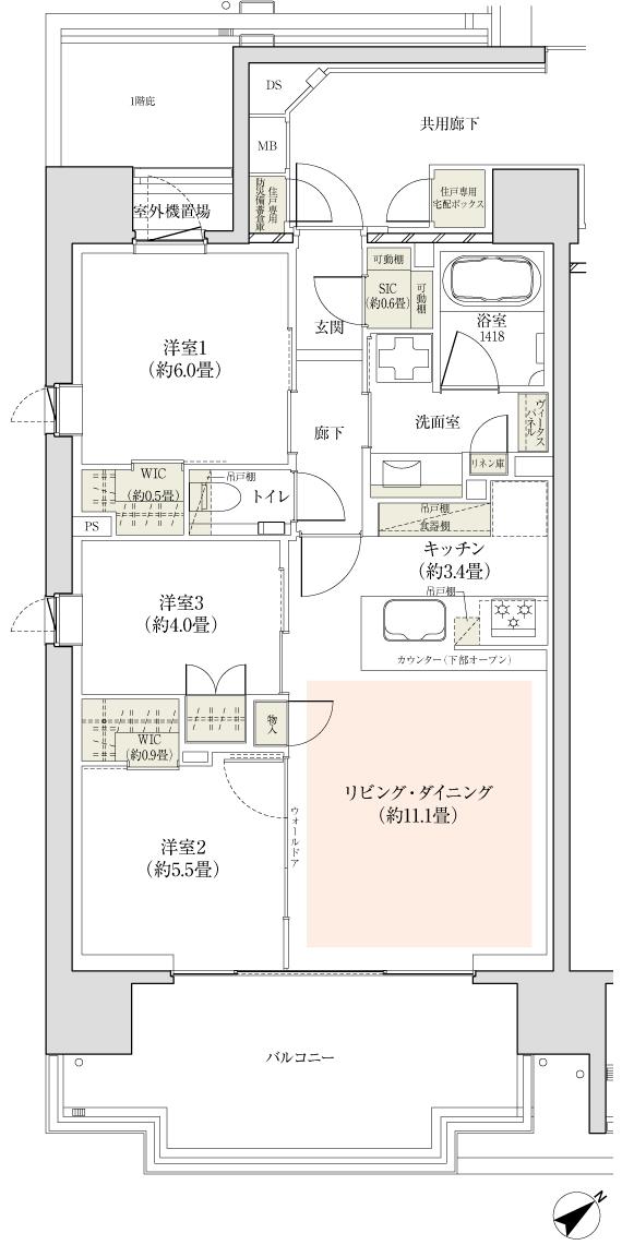 ザ・パークハウス 東中野プレイスの間取り図　D1：3LDK+2WIC+SIC