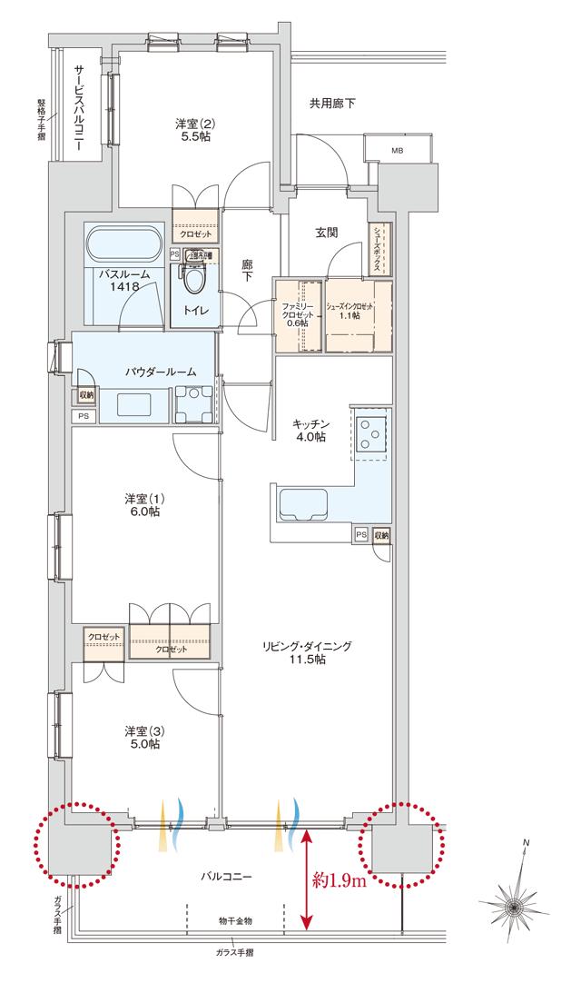 アルファスマート高野の間取り図　F：3LDK