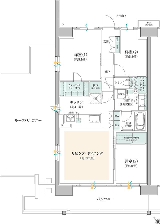 ミハマシティ検見川浜 II街区の間取り図　D-4r：3LDK+N+2WIC