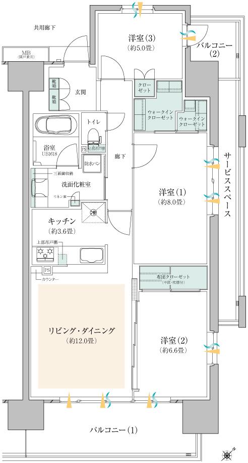 ミハマシティ検見川浜 II街区の間取り図　E-8(2・3F)：3LDK+2WIC