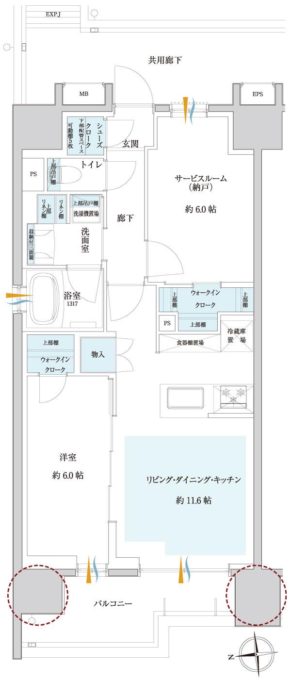 サンクレイドル浅草IIIの間取り図　E：1LDK+S+2WIC+SC