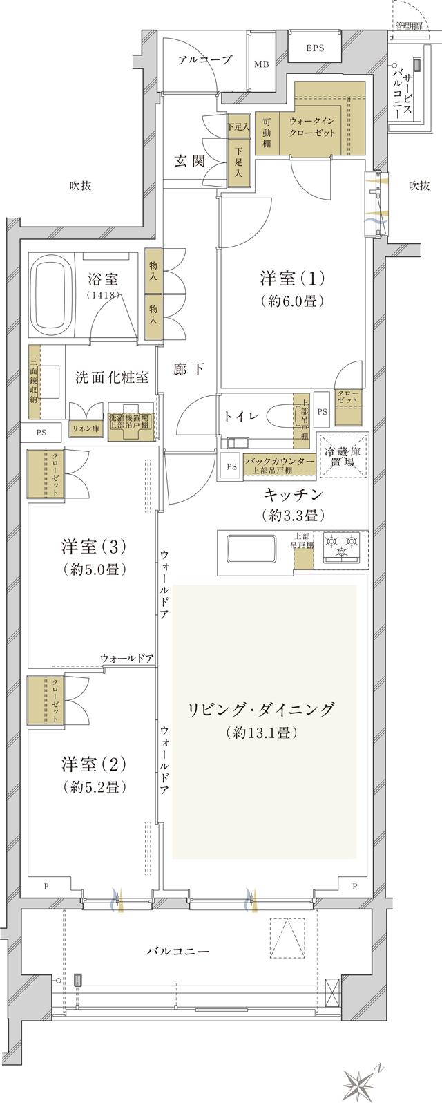 ドレッセ世田谷松陰神社の間取り図　K2：3LDK+WIC