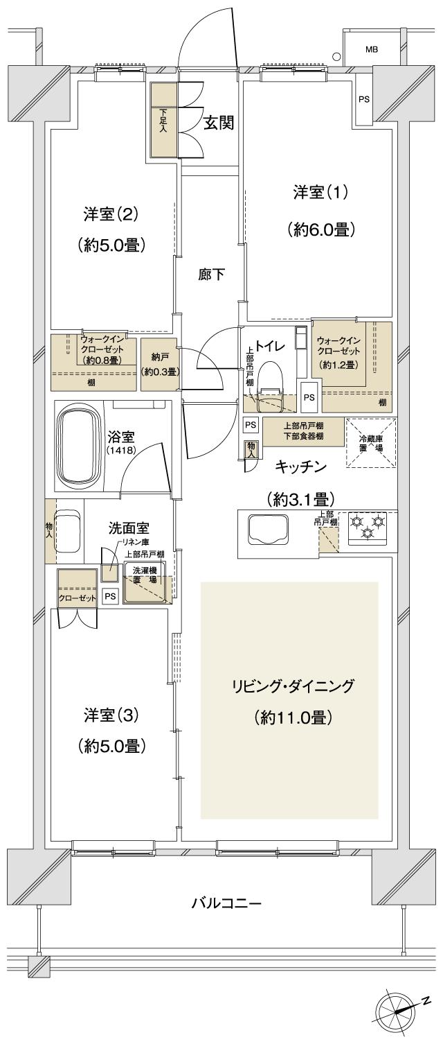 クレストプライムシティ南砂の間取り図　A-D：3LDK+2WIC+N