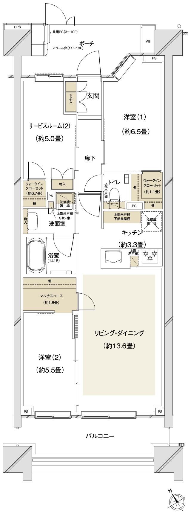 クレストプライムシティ南砂の間取り図　S-B：2LDK+S(サービスルーム[納戸])+2WIC+マルチスペース