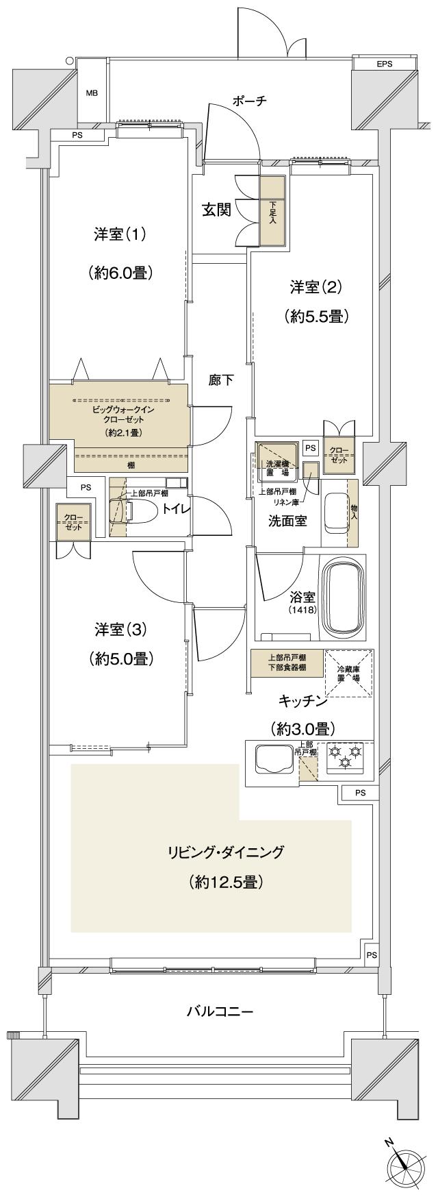 クレストプライムシティ南砂の間取り図　S-G：3LDK+BW