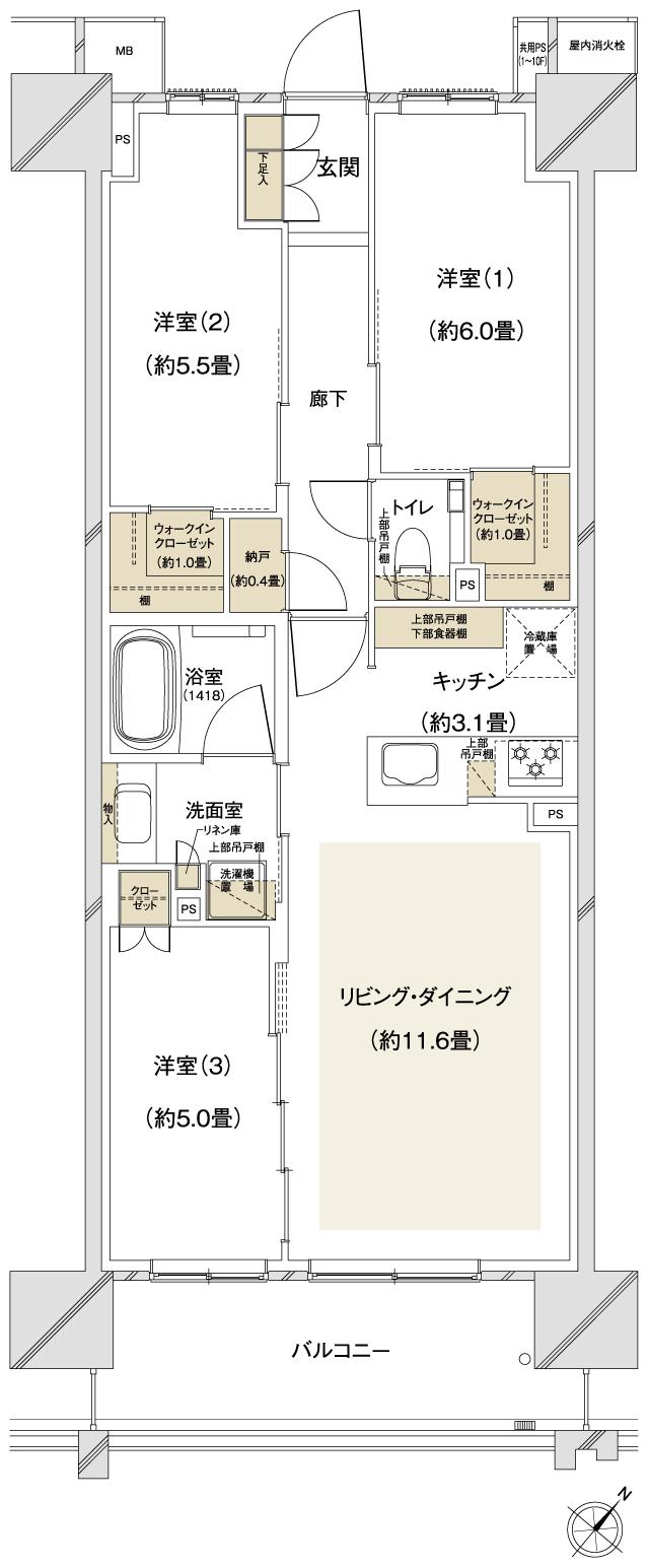 クレストプライムシティ南砂の間取り図　B-B：3LDK+2WIC+N
