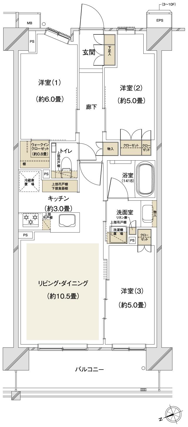 クレストプライムシティ南砂の間取り図　M-D：3LDK+WIC