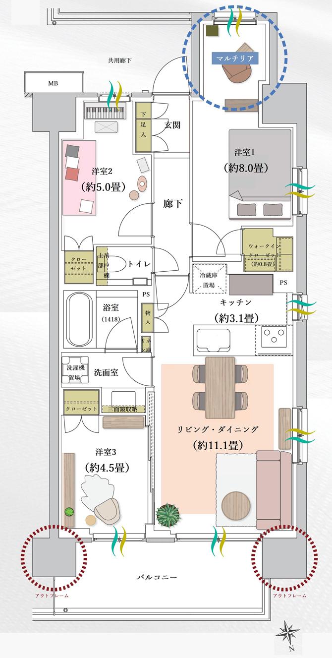 プラネスーペリア府中白糸台の間取り図　A：3LDK+WIC