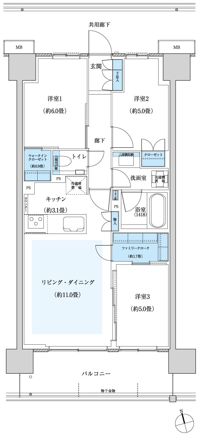 プラネスーペリア府中白糸台の間取り図　F：3LDK+FC+WIC