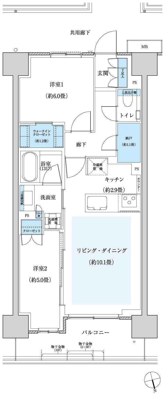 プラネスーペリア府中白糸台の間取り図　B：2LDK+WIC+N