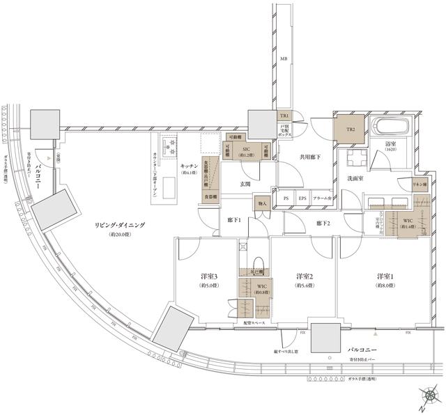 ザ・パークハウス 武蔵小杉タワーズの間取り図　S-101A：3LDK+2WIC+SIC+2TR