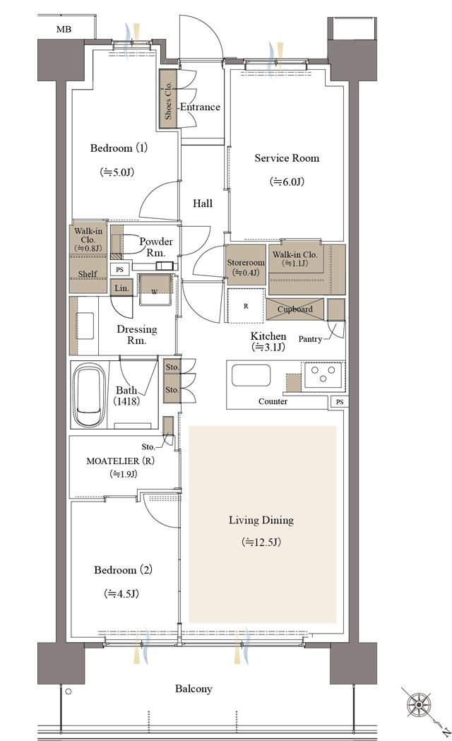 リビオシティ文京小石川の間取り図　E-72I2(1F)／E棟：2LDK+S+MOATELIER(R)+N+2WIC