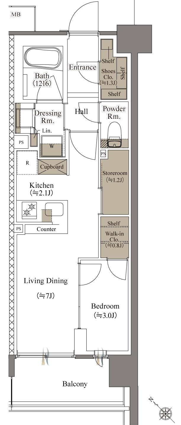 リビオシティ文京小石川の間取り図　E-35G／E棟：1LDK+N+WIC+SIC