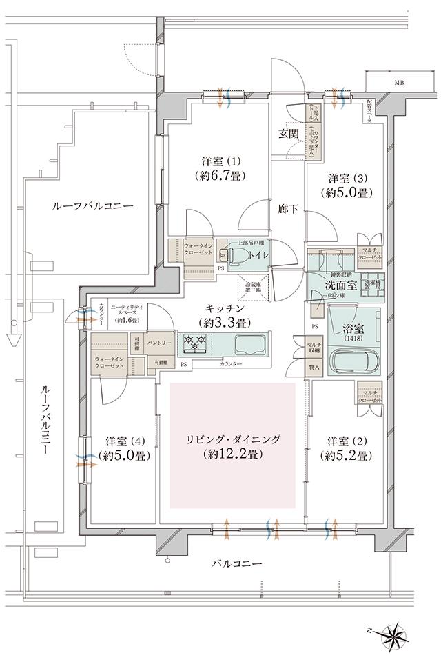 オーベル大宮プレイスの間取り図　Lr：4LDK+2WIC+US