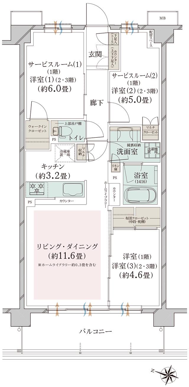 オーベル大宮プレイスの間取り図　M(1F)：1LDK+2S+WIC+HL+FC