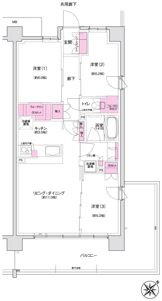 シエリアあざみ野の間取り図　DE：3LDK+2WIC