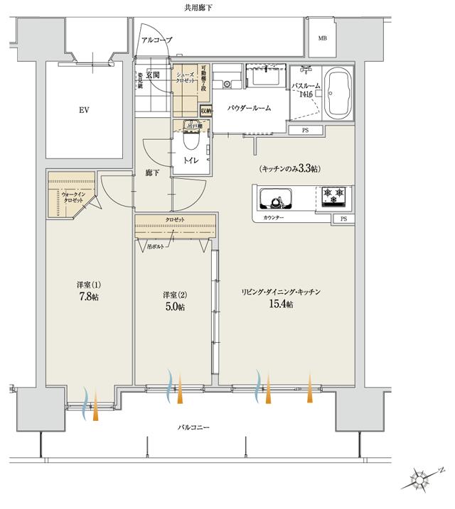 アルファステイツ水戸大町の間取り図　B：2LDK+ウォークインクロゼット+シューズクロゼット