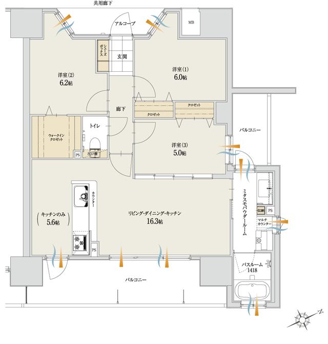 アルファステイツ水戸大町の間取り図　E：3LDK+ミタスモパウダールーム＋ウォークインクロゼット