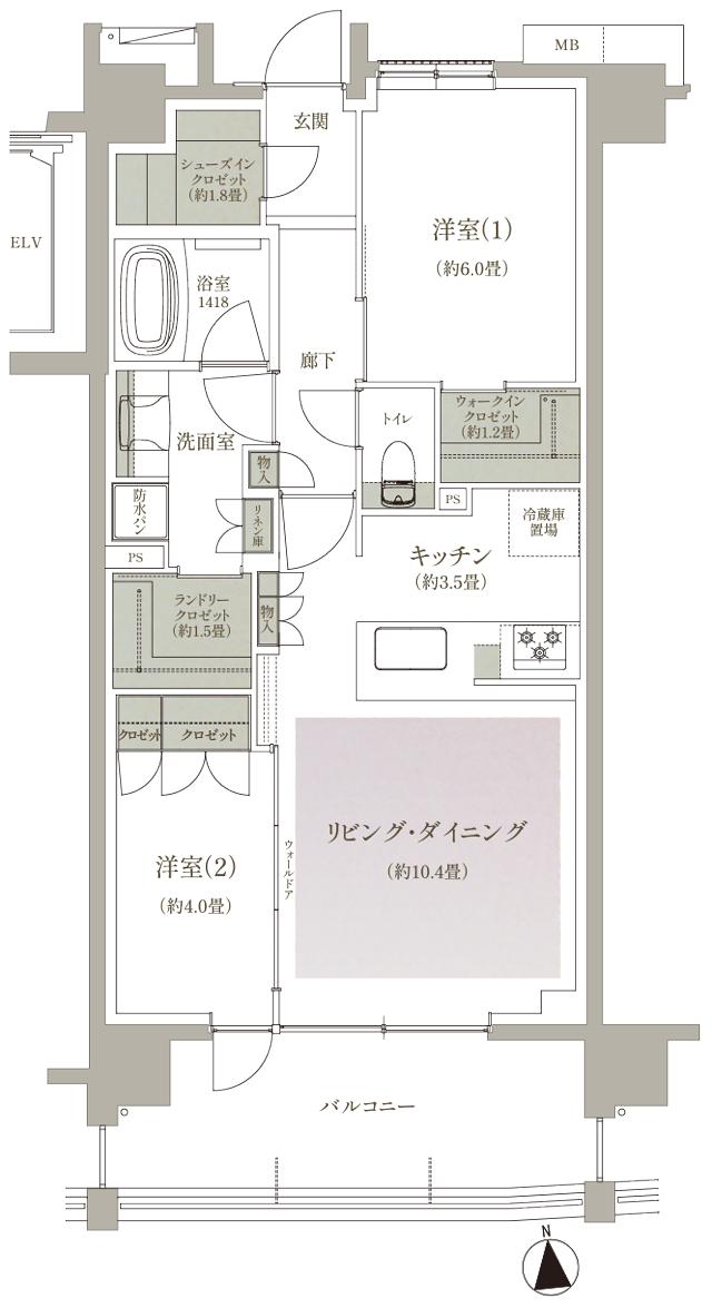 ブランシエラ三鷹下連雀ローレルコートの間取り図　F：2LDK+wic+sic+lcl