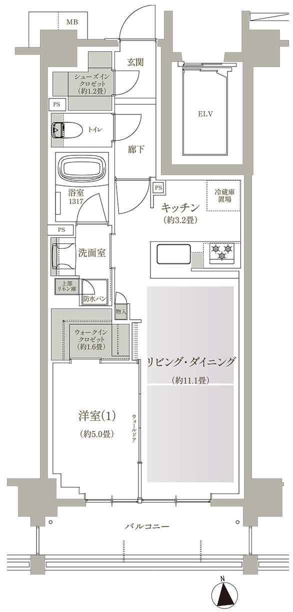 ブランシエラ三鷹下連雀ローレルコートの間取り図　E：1LDK+wic+sic