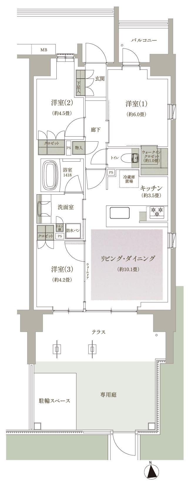 ブランシエラ三鷹下連雀ローレルコートの間取り図　Kg：3LDK+wic