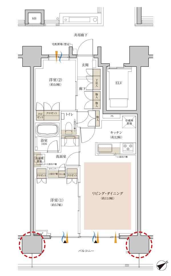クレヴィア江古田の間取り図　B：2LDK