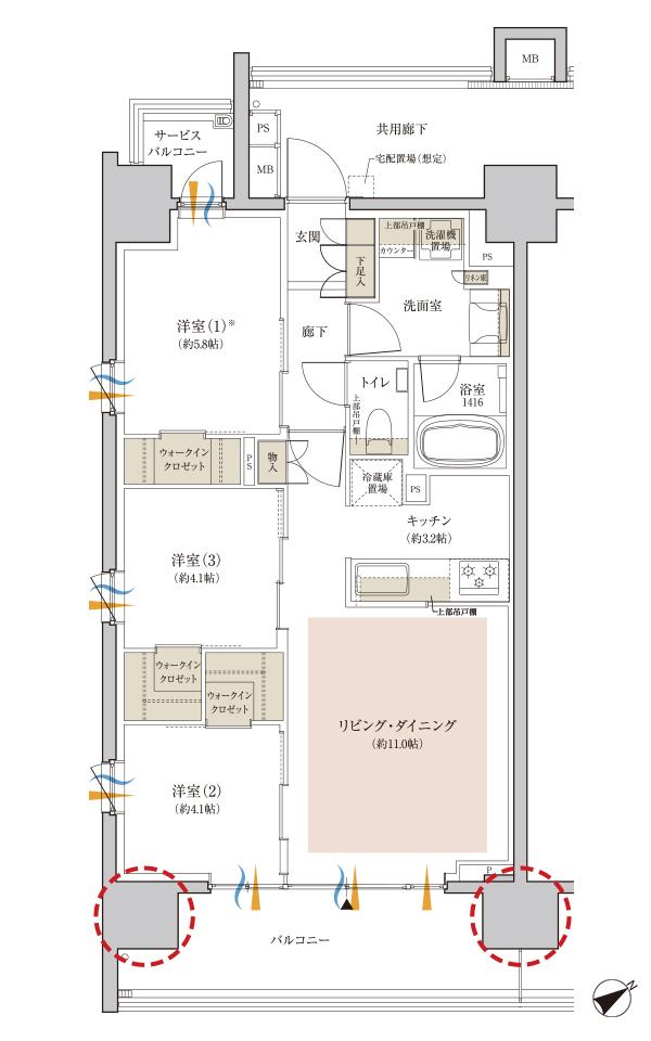 クレヴィア江古田の間取り図　A：3LDK+3WIC