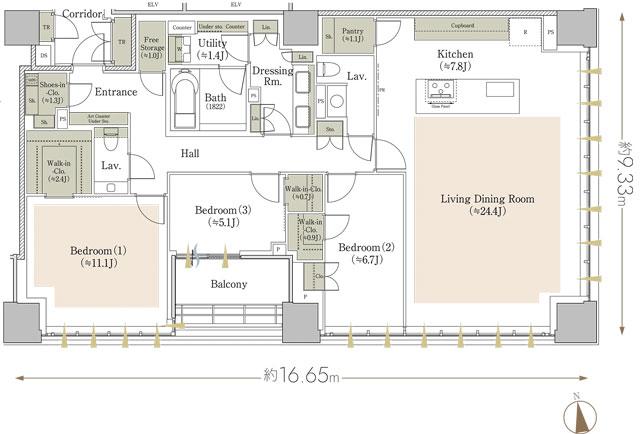 ザ レジデンス 三番町の間取り図　140A-SG：3LDK+Utility+3WIC+SIC+FS+P+2TR