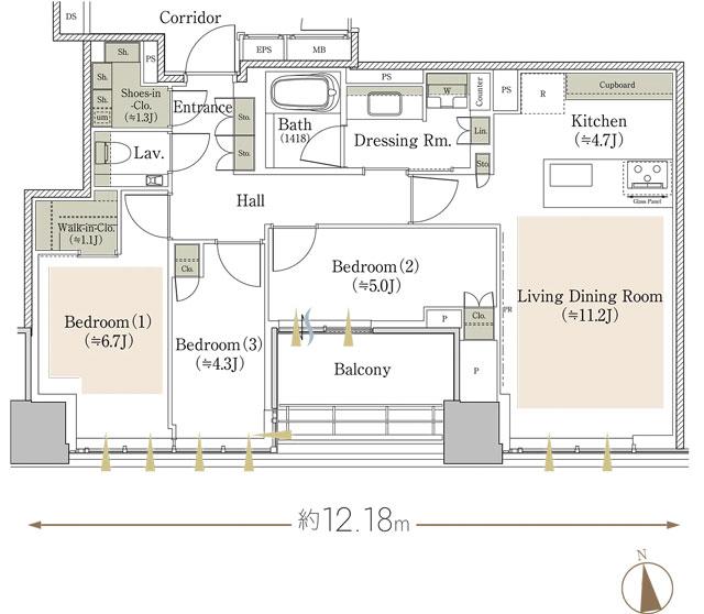ザ レジデンス 三番町の間取り図　75B-EX：3LDK+WIC+SIC