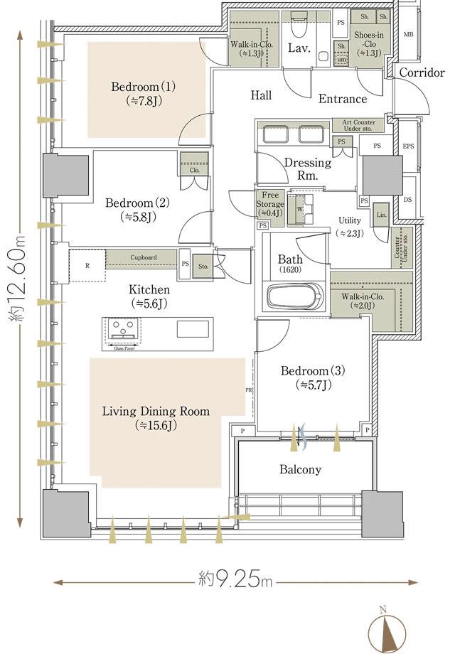 ザ レジデンス 三番町の間取り図　100C-EX：3LDK+Utility+2WIC+SIC+FS