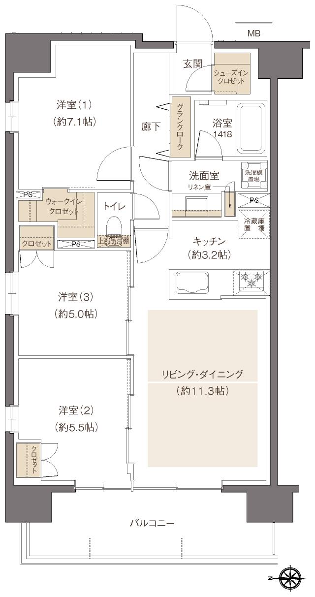 レーベン元今泉 MID FRONTの間取り図　A：3LDK+WIC+SIC+GC
