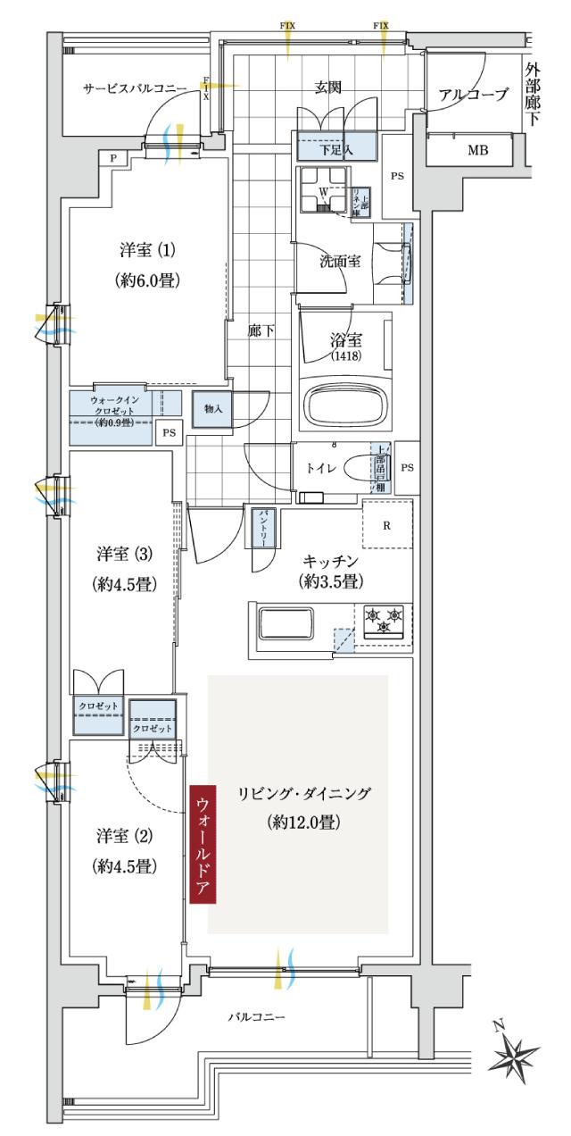 ローレルコート船堀ツインプロジェクトの間取り図　A-A：3LDK+WIC