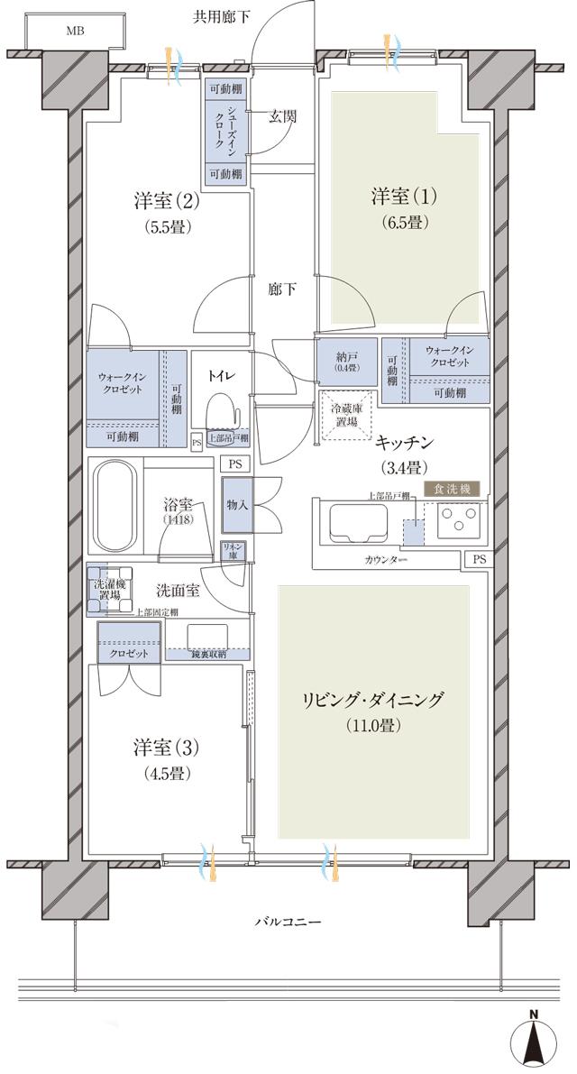 ブランズ横浜いずみ野の間取り図　G：3LDK+2WIC+SIC+N