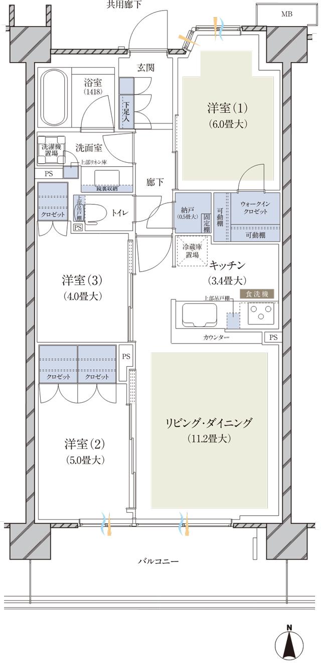 ブランズ横浜いずみ野の間取り図　J：3LDK+WIC+N