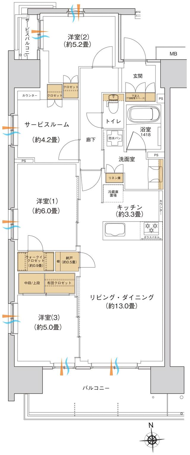 ブランシエラ宇都宮 駅東公園前の間取り図　A(2～13階)：3LDK+S(納戸)+WIC+N