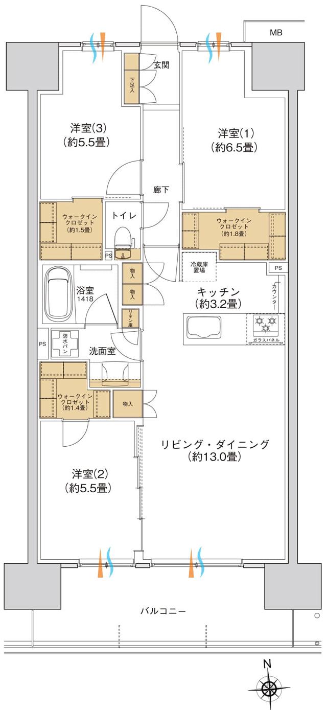 ブランシエラ宇都宮 駅東公園前の間取り図　E：3LDK+3WIC
