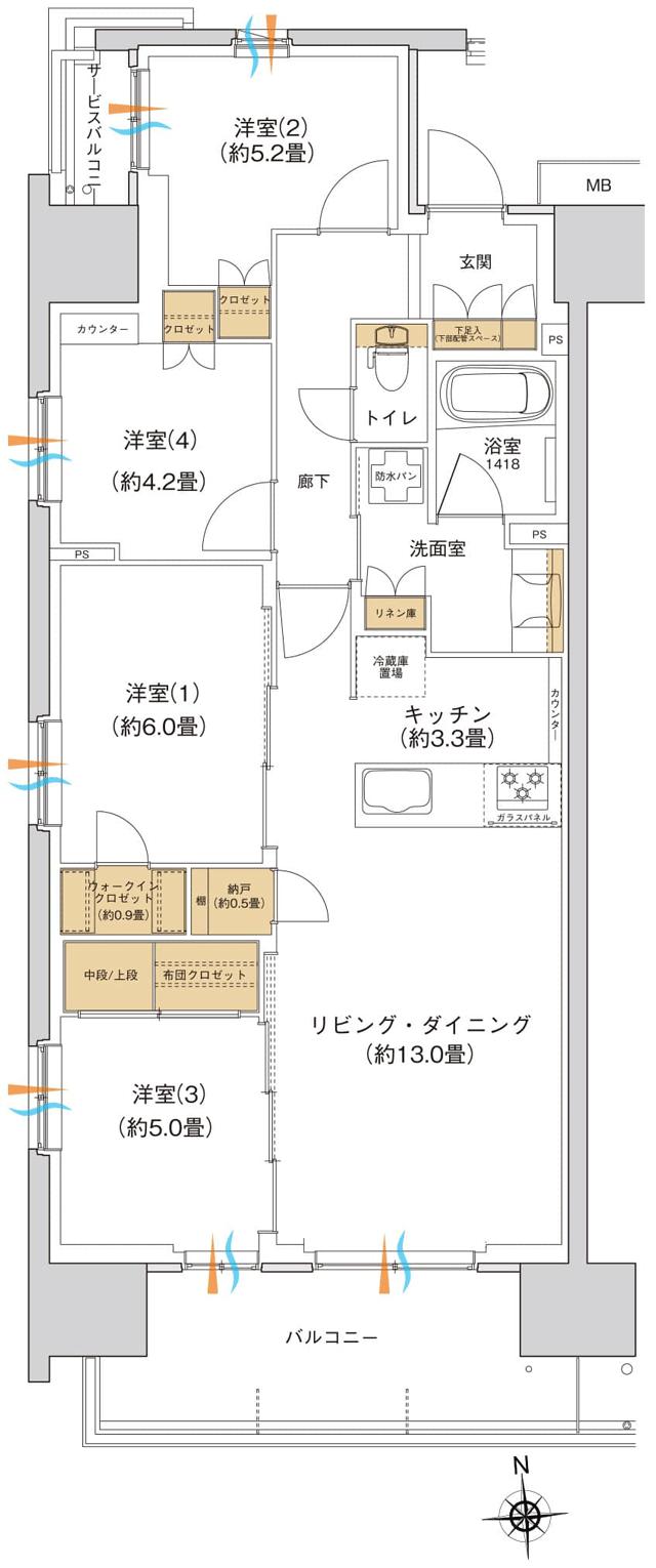 ブランシエラ宇都宮 駅東公園前の間取り図　A(14・15階)：4LDK+WIC+N